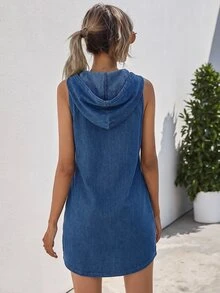 SHEIN LUNE Women's Casual Daily Summer Hooded Denim Dress - Blue - View 2