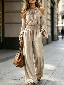 Omancia Women's Solid Color Ruched Cold Shoulder Casual Daily Wear Jumpsuit Fall/Winter - Apricot - View 5