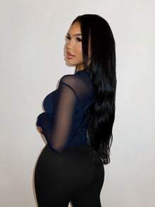 SHEIN SXY 性感優雅對比蕾絲露背開口上衣 夜店聚會穿搭 海軍藍 秋季 - 藏蓝色 - 查看 5