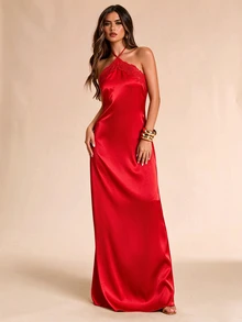SHEIN BAE 純色巧克力棕蕾絲掛脖緞面洋裝，浪漫性感，適合約會、派對、正式場合、海灘婚禮、婚禮賓客禮服，春夏穿搭 - 紅色 - 查看 4