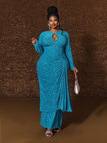 Maweii Plus Size Women's Elegant Textured Fabric Round Neck Long Sleeve Slim Fit Dress Fall - Blue - View 2