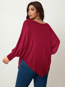 Enliva Plus Size Women's Burgundy Autumn Smart Casual Batwing Sleeve Asymmetrical Hem Loose T-Shirt,Everyday Solid Color Top Compatible With Apple & Rounded Fall - Burgundy - View 2