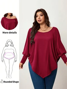 Enliva Plus Size Women's Burgundy Autumn Smart Casual Batwing Sleeve Asymmetrical Hem Loose T-Shirt,Everyday Solid Color Top Compatible With Apple & Rounded Fall - Burgundy - View 1
