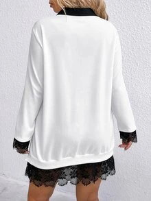 SHEIN LUNE 大尺碼女款休閒運動衫洋裝，蕾絲下擺拼接設計 - 黑與白 - 查看 2