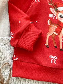 SHEIN Playful Pals 女嬰聖誕兩件套休閒套裝，可愛卡通馴鹿圖案紅色運動衫搭配聖誕樹印花長褲，節日休閒套裝 - 紅色 - 查看 7