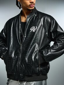 ROMWE MEN Street Life Men's Fashion Baseball Collar Zip-Up Jacket Print Long Sleeve Outerwear - Black - View 6