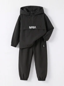 SHEIN 2件組小男孩休閒日常百搭舒適拼接連帽半拉鍊套頭寬鬆長袖外套與寬鬆慢跑長褲，梭織兩件套，適合學校、花園、海灘 - 彩色 - 查看 4