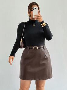 Firerie Plus Size Women's Solid Color PU Leather Fashion Versatile Mini Skirt - Coffee Brown - View 1