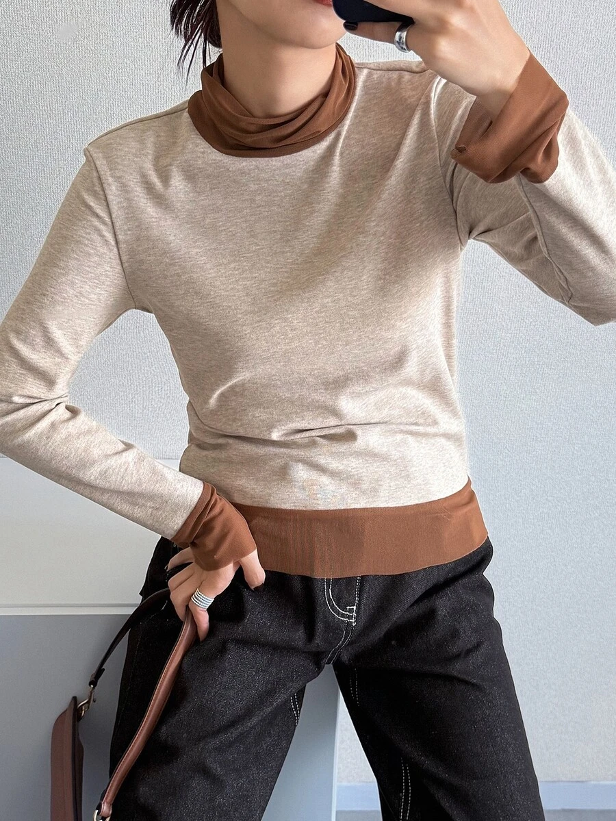 FRIFUL Women's Colorblock Stand Collar Long Sleeve Casual Versatile T-Shirt - Brown - View 1