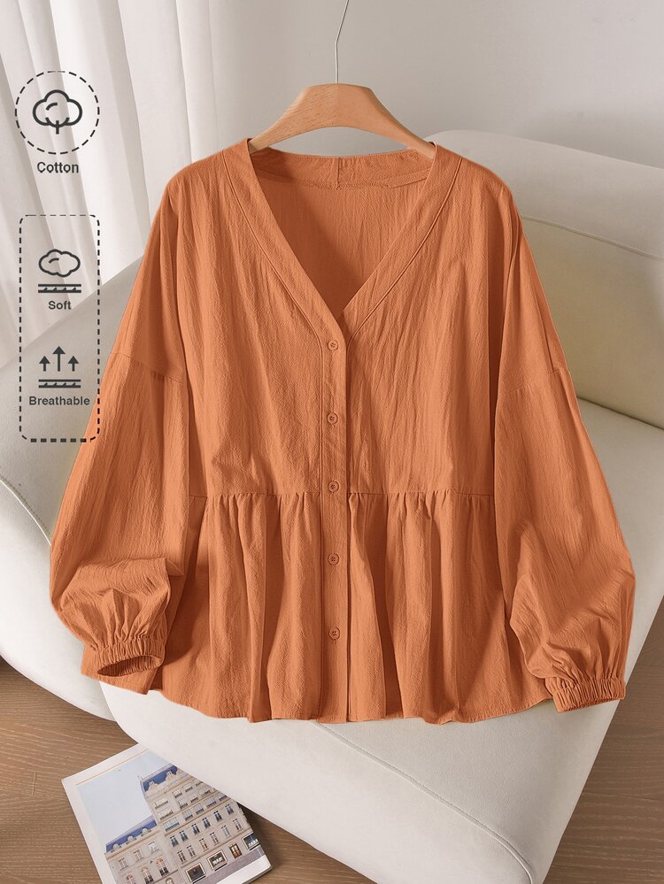 CosyJoli Plus Size Solid V-Neck Drop Shoulder Long Lantern Sleeve Casual Front Button Shirt Fall - Khaki - View 6