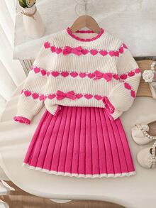 SHEIN Playful Pals 少女套裝 針織圓領長袖愛心圖案毛衣與百褶裙套裝 粉色與白色 - 玫紅色 - 查看 1