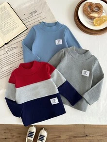 SHEIN 1pc Baby Boy Pullover Sweatshirt Preppy Red Blue Grey Letter Patch Ribbed Patchwork Long Sleeve Mock Neck Thickened Holiday Fall Jogging Cozy Basic - Navy Blue - View 10