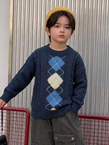 DAZY Boys' (Small) Plaid Cable Knit Casual Colorblock Loose Long Sleeve Pullover Thick Autumn/Winter Sweater - Navy Blue - View 5