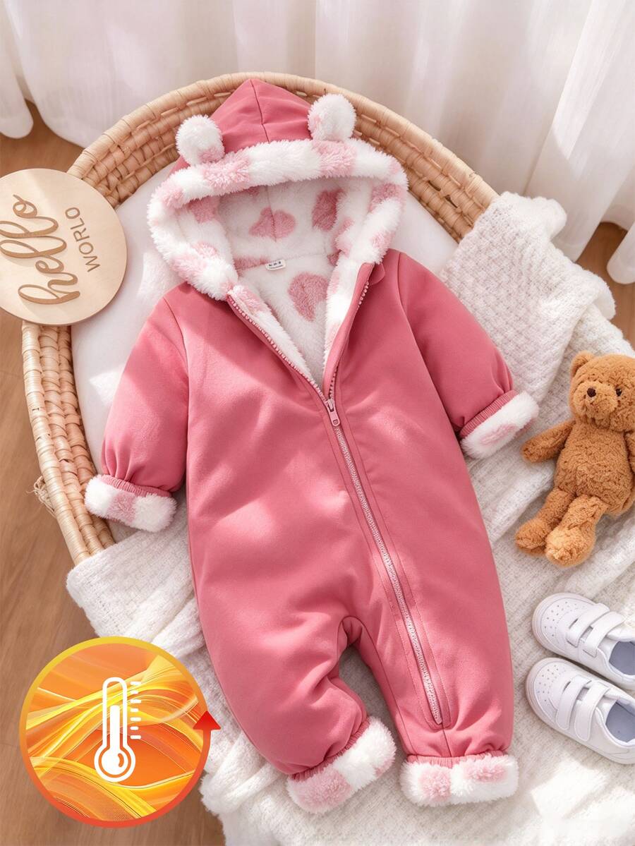 SHEIN 1件裝幼兒女嬰雪地連身衣 甜美粉色白色熊耳連帽連身褲 刷毛滾邊愛心長袖 加厚保暖 戶外秋冬舒適拉鍊款 - 彩色 - 查看 1