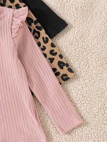 SHEIN Young Girl 3pcs Autumn Winter Ribbed Knit Long Sleeve Tops Casual Leopard Print Solid Color Ruffle Trim Crew Neck T-Shirts Set Everyday Shirts - Multicolor - View 5