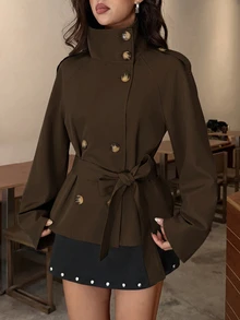 Aloruh 卡其色收腰短款風衣女款，適合秋冬穿著 - 摩卡棕 - 查看 7