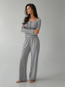DAZY Women's Solid Color Button Half-Placket Long Sleeve Top And Pants Loungewear Set - Grey - View 10