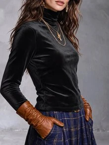 Solivie 女款秋季天鵝絨長袖T恤，天鵝絨打底衫秋季穿搭，優雅女式襯衫，職場女裝，時尚上衣，派對穿搭 - 黑色 - 查看 5