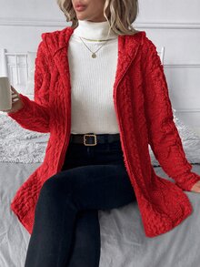SHEIN Clasi 大尺碼女款拉鍊抓絨連帽外套，秋冬款 - 紅色 - 查看 7