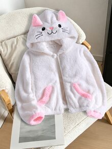 SHEIN 1件女款甜美風休閒外套，校園休閒穿搭，秋冬3D貓咪刺繡連帽寬鬆抓絨夾克 - 白色 - 查看 3