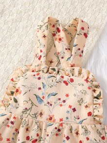 SHEIN Vintaside Kids 2件組幼女吊帶褲套裝，甜美酒紅米色花卉荷葉邊燈芯絨長袖圓領，生日秋季假期芭蕾舒適復古風 - 酒紅色 - 查看 10
