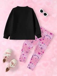 THE POWERPUFF GIRLS X SHEIN 女童字母卡通印花長袖衛衣與內搭褲套裝 - 白色 - 查看 2