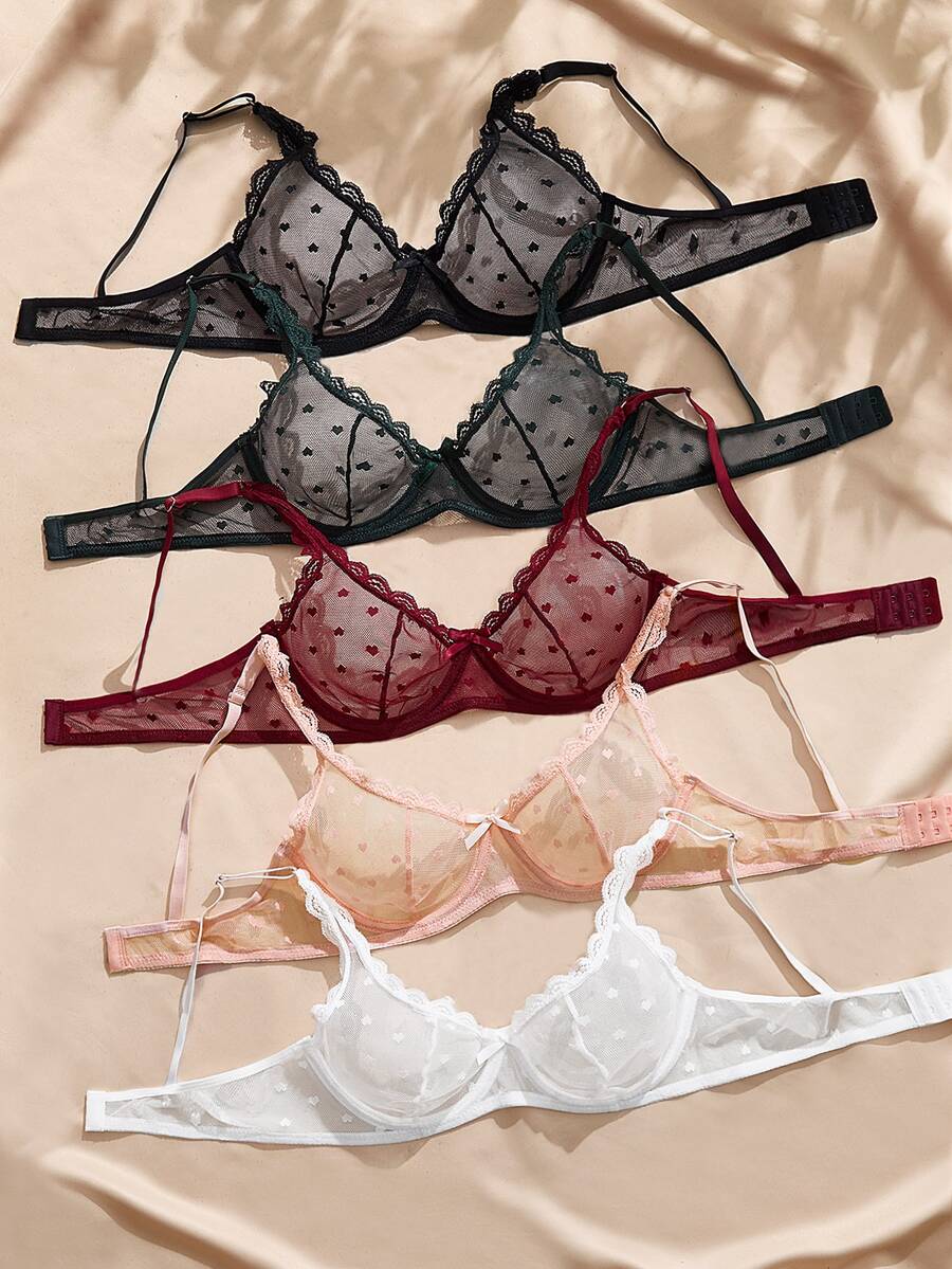 Charlaine 5pcs Sexy Women's Heart-Shaped Mesh Underwire Non-Padded Bra, Large Bust Minimizing - Multicolor - View 1