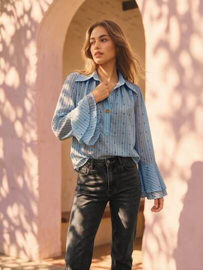 Aralina Casual Women's Blue  Dot Spot Button Up Ruffle Feminine Festival Going Out Blouse Boho