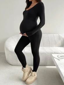 SHEIN Maternity Solid Color Long Sleeve Fitted Casual Jumpsuit - Black - View 3