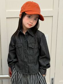 Dazy Kids (Gadis Remaja) Atasan Denim Gelap Pendek Lengan Panjang Kerah Lipat Musim Gugur - Hitam - View 8