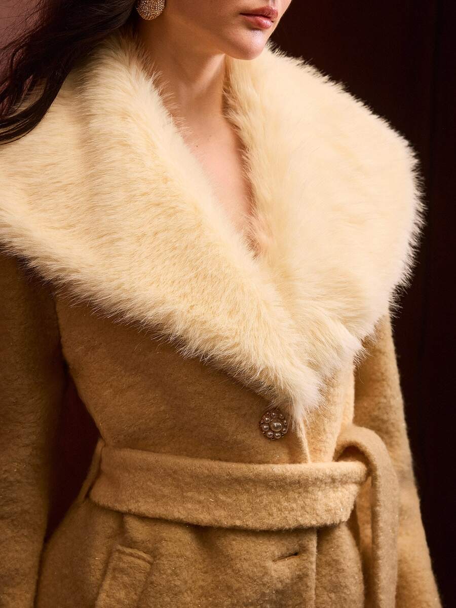 MOTF PREMIUM WOMEN'S AUTUMN/WINTER FUR COLLAR CINCHED WAIST TEXTURED LONG OVERCOAT - Yellow - View 1