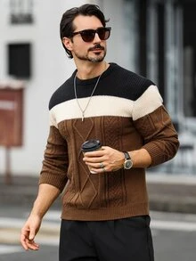 Marcello Vane 男士秋冬拼接色圓領長袖休閒毛衣 - 棕色 - 查看 4