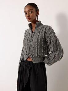 MERLEAU Women's Modern Dark Olive Green Frayed Knit Cardigan - Army Green - View 4