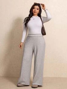 Elaquor Plus Size Women's Striped Heart Embroidered Wide Leg Casual Pants - Grey - View 6