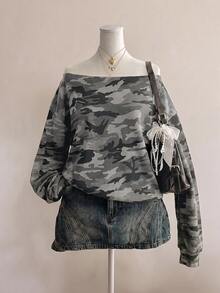 SHEIN EZwear 女款休閒衛衣，迷彩印花，露肩衛衣，女款秋冬服飾，街頭風，適合日常通勤、約會、派對、秋冬、夏季、聖誕節、新年、感恩節、派對、婚禮、海灘、畢業典禮，優雅、休閒、外出 - 彩色 - 查看 7