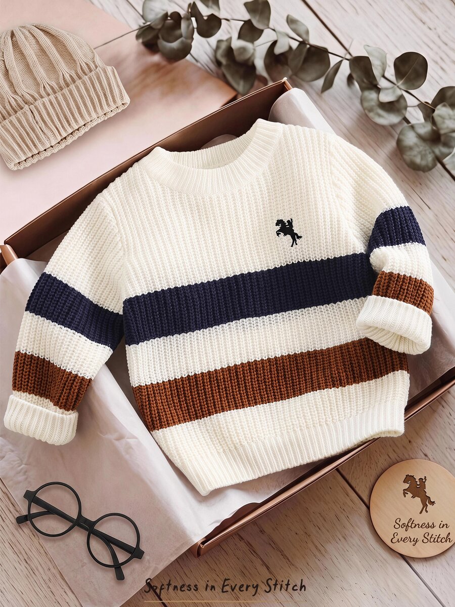 Cozy Pixies Young Boys Sweaters Autumn/Winter Thick Striped Knitted Pullover Sweater Long Sleeve Embroidered - Multicolor - View 1