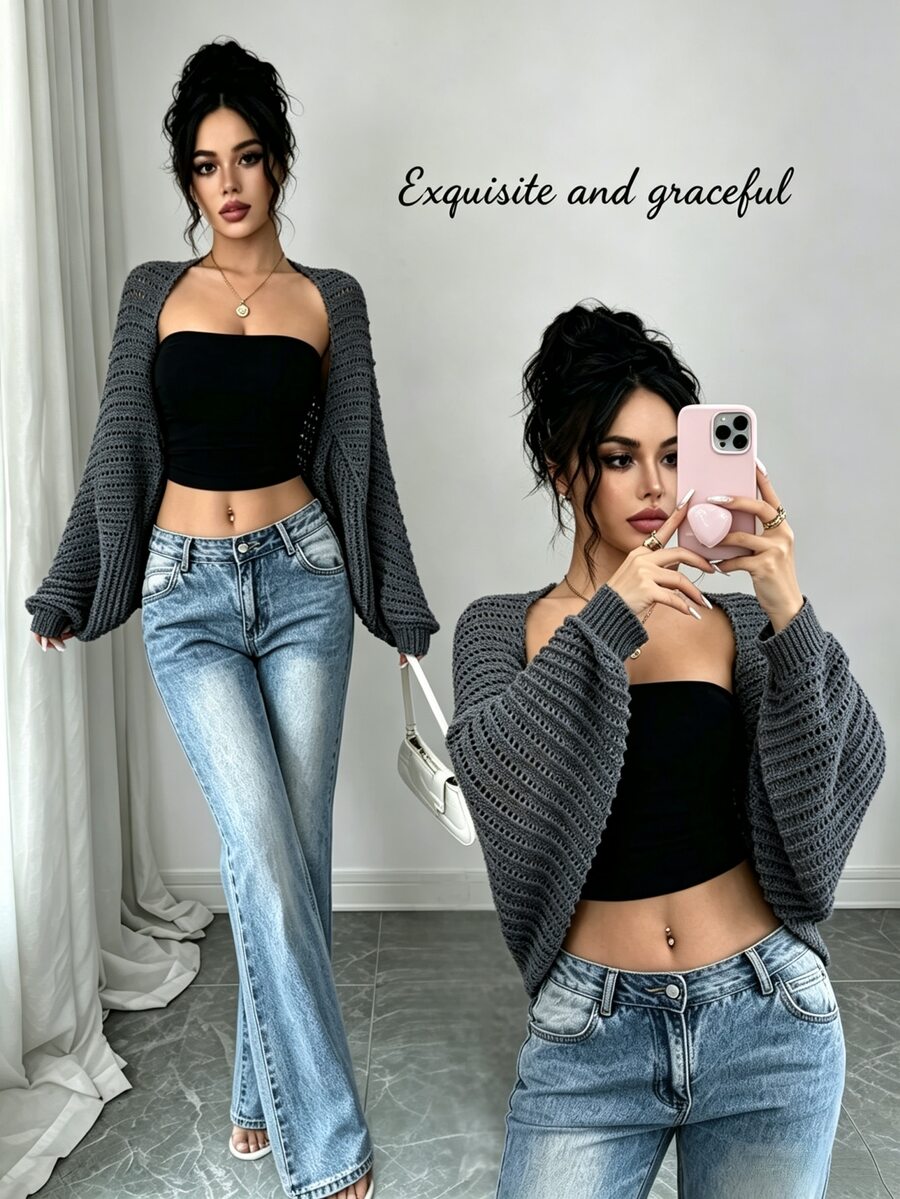 Elenzga Damen Off-White leichte Cut Out Fledermaus-Ärmel Strick-Cardigan, weich hautfreundlich Sommer lässig Alltag vielseitig für Urlaub, Party, Arbeit - Dunkelgrau - Übersicht 1