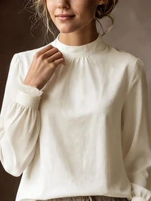 EMERY ROSE Women's Plus Size Casual Solid Color Design Small Stand Collar Lace Cuff Long Sleeve Shirt, Autumn/Winter Casual Outing, Travel, Work, Commute Outfit - Apricot - View 3