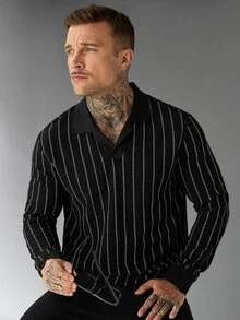 SLATEMANN Men's Striped Long Sleeve Casual Commute Polo Shirt - Black - View 5