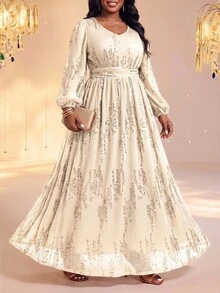 Fleurora 大尺碼優雅派對婚禮正式亮片裝飾洋裝 秋季 白色聖誕 - 金色 - 查看 3