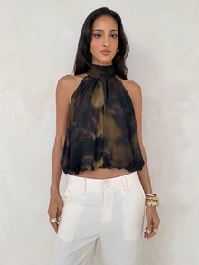 Aloruh Boho Vacation Sexy Hot Girl Halter Neck Chiffon Leopard Print Women's Top - Brown - View 6