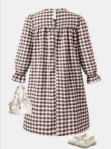 SHEIN Tween Girl Plaid Pleated Kids Casual Daily Summer Dress - Coffee Brown - View 2