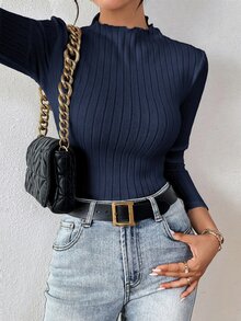 SHEIN Frenchy 女款 93% 棉羅紋 2 件組 黑/藍長袖基礎 T 恤－居家休閒/通勤/旅行/四季皆宜 - 彩色 - 查看 7