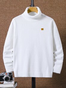 SHEIN Little Byeori 兒童青少年男孩休閒日常百搭舒適高領長袖套頭針織毛衣 素色 適合通勤上學日常休閒度假旅行運動 秋冬 - 白色 - 查看 3