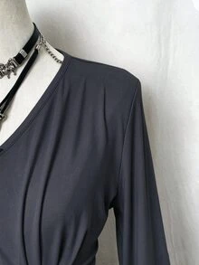 Elamini Autumn Fashion Solid Color Bell Sleeve Ruched Waist T-Shirt - Dark Grey - View 5