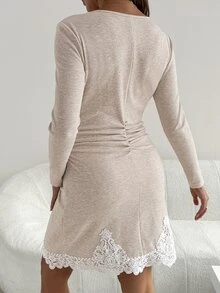 SHEIN فستان حمل كاجوال يومي صيفي للسفر بتصميم دانتيل مرقع - كاكي - مشاهدة 2