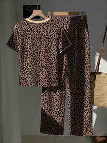 SHEIN EZwear 女款豹紋馬術圖案圓領短袖T恤與抽繩腰側條紋長褲休閒套裝 - 彩色 - 查看 2