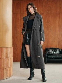Anewsta Autumn/Winter Luxury French Handmade Rhinestone Embellished Lapel Grey Long Wool Coat For Women - Grey - View 3