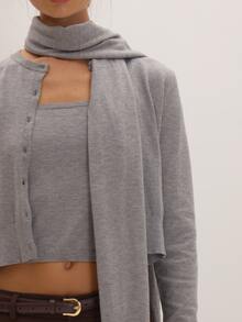MUSEYN Grey Knit Scarf Detail 3 Pieces Cardigan Versatile Lounge Everyday Date Night Chic New Season Fall - Light Grey - View 6