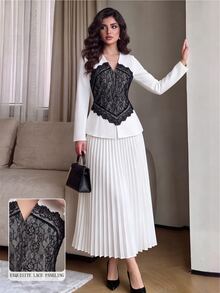 Modelyn New Woven Cardigan Long Sleeve Lace Patchwork Design Pleated Bottom Elegant Commute Fashion Versatile Long Women's 2 Pieces Set - White - View 5